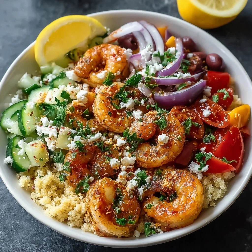 Delicious Mediterranean shrimp bowl with colorful vegetables and tasty toppings