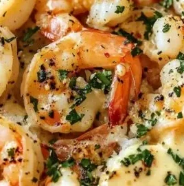 Creamy garlic butter shrimp and rice dish served in a bowl