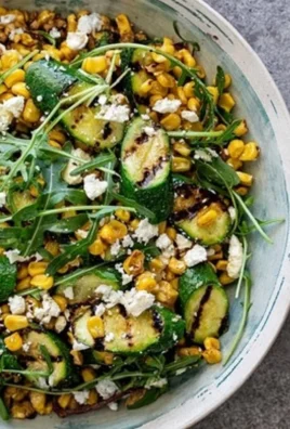 Fresh Corn Zucchini Salad with grilled zucchini, feta cheese, and lemon dressing