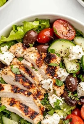 Fresh Greek salad with chicken, feta, olives, and vibrant vegetables