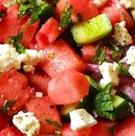 Delicious Greek Watermelon Salad with feta and fresh mint on a plate