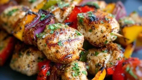 Delicious grilled chicken kabobs with colorful vegetables on a skewer