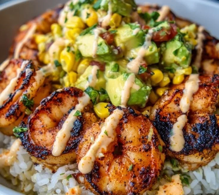 Grilled Shrimp Bowl with Avocado Corn Salsa
