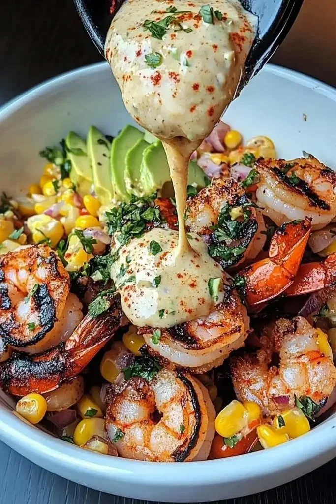 Delicious grilled shrimp bowl with avocado and corn salsa topped with creamy garlic sauce