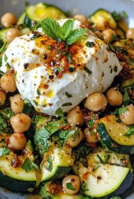 Grilled zucchini chickpea salad topped with burrata and chili oil.