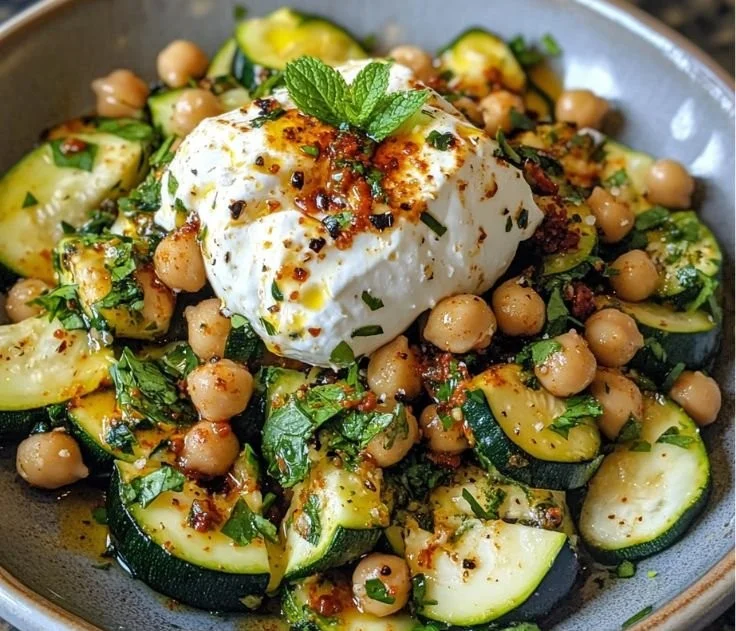 Grilled Zucchini Chickpea Salad with Burrata & Chili Oil