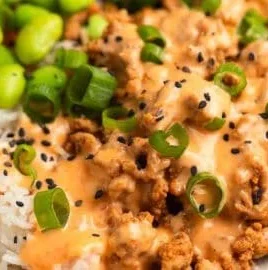 Healthy ground turkey rice bowls with bang bang sauce recipe