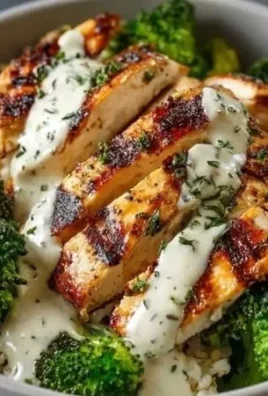 Healthy grilled chicken broccoli bowls with creamy garlic sauce