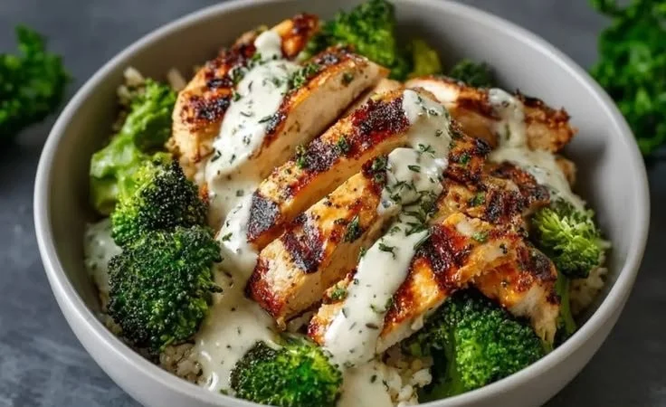 Healthy Grilled Chicken Broccoli Bowls with Creamy Garlic Sauce