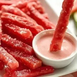 Healthy watermelon fries served with fresh strawberry yogurt dip