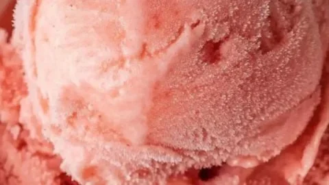 Bowl of homemade watermelon ice cream garnished with fresh mint leaves.