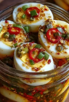 Delicious hot and spicy garlic pickled eggs ready to be served.