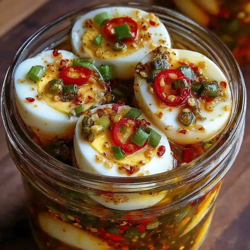 Delicious hot and spicy garlic pickled eggs ready to be served.