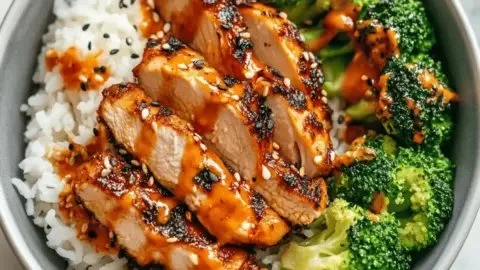 Delicious sticky chicken bowls garnished with vegetables for a healthy dinner