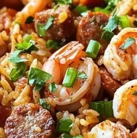 Bowl of shrimp sausage dirty rice garnished with green onions.