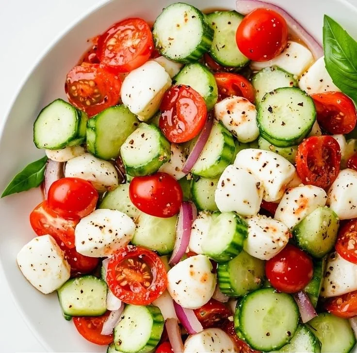 Juicy Cucumber Caprese Salad with mozzarella, tomatoes, and basil