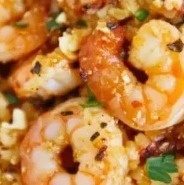 Keto Garlic Parmesan Shrimp served with cauliflower rice on a plate