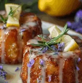 Mini lemon cakes drizzled with lavender glaze on a decorative plate