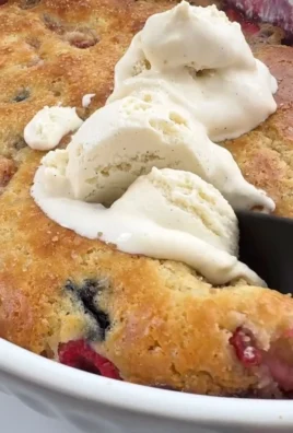 Mixed berry cobbler topped with a golden crust served in a baking dish.