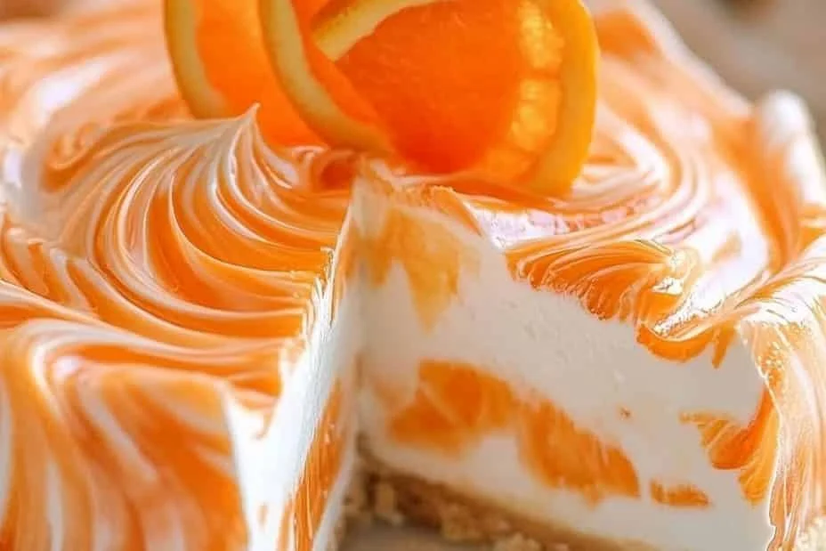 No-bake orange creamsicle cheesecake topped with orange slices.