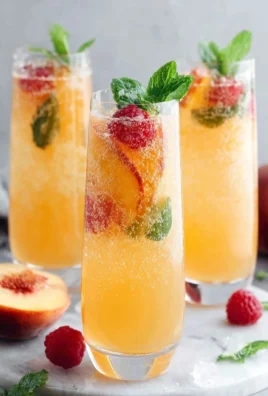 Non-Alcoholic Peach Bellini Mocktail served in a glass with fresh peaches