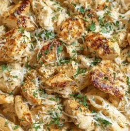 One pot creamy parmesan chicken pasta served in a bowl with fresh herbs