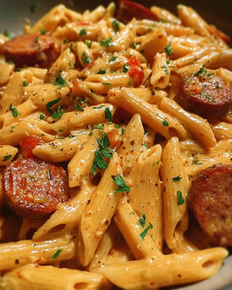 One-Pot Creamy Spicy Cajun Sausage Pasta in a bowl with herbs and spices