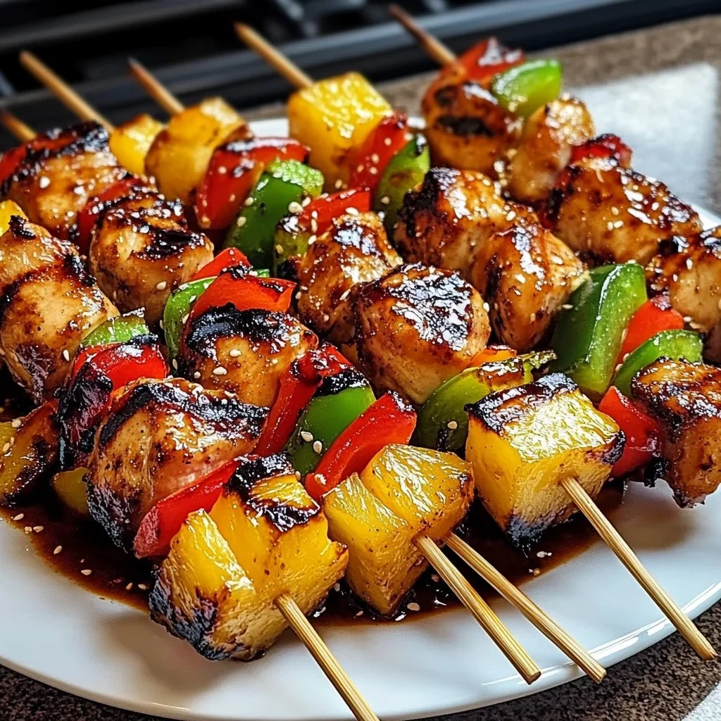 Grilled pineapple chicken kabobs garnished with herbs on a platter.