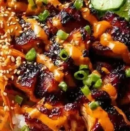 Delicious Korean BBQ Chicken bowls topped with fresh vegetables and garnish