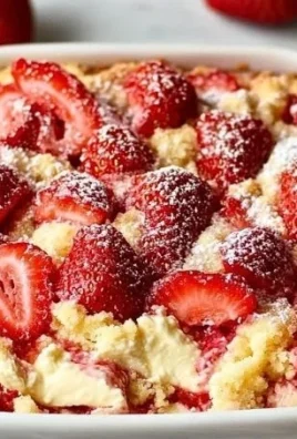 Strawberry cheesecake dump cake on a serving plate with strawberries on top