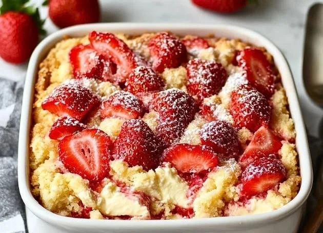Strawberry cheesecake dump cake on a serving plate with strawberries on top