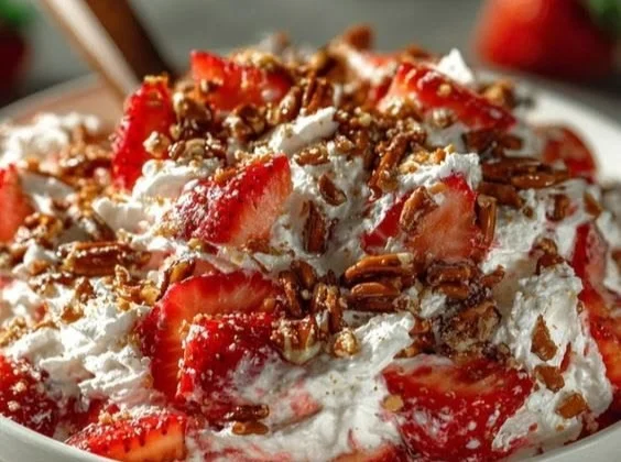 A colorful bowl of Strawberry Crackle Salad with fresh strawberries and crunchy toppings.