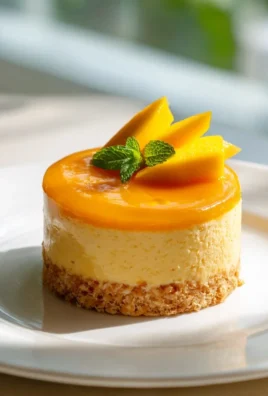 Tropical Mango Mousse Cake with Coconut Crust on a decorative plate