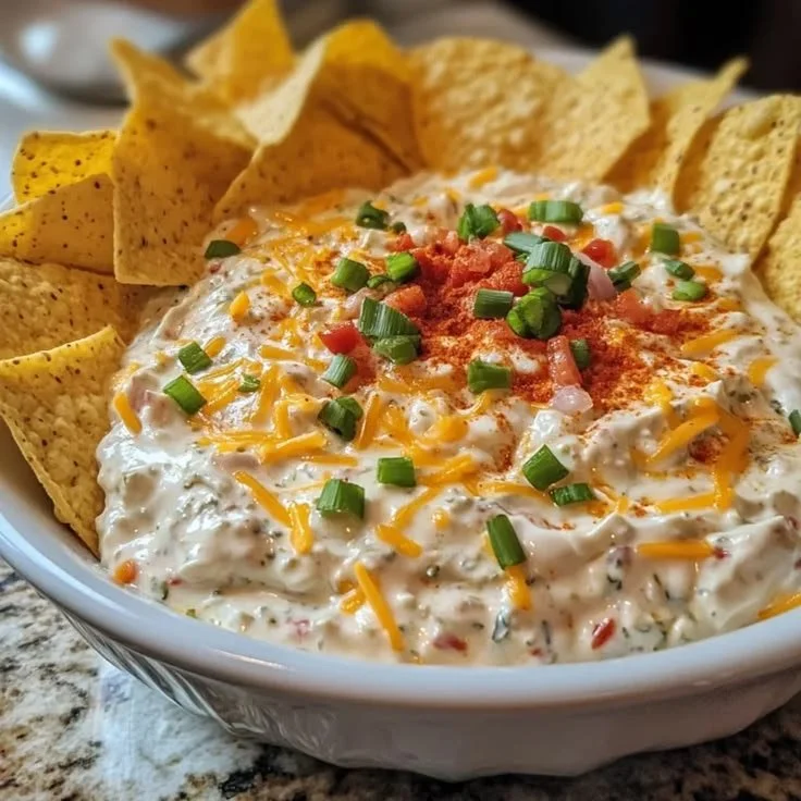 Bowl of Alabama Fire Cracker Dip served with tortilla chips