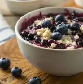 Baked blueberry cottage cheese breakfast bowl topped with fresh blueberries