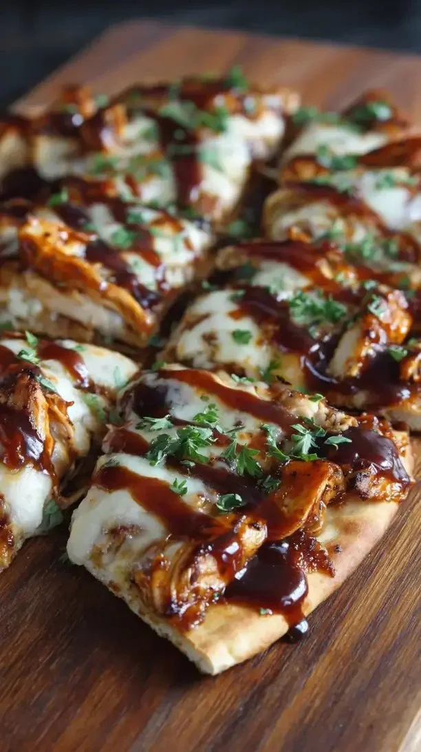 BBQ chicken flatbread topped with fresh ingredients and drizzled with sauce
