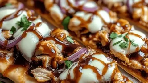 Delicious BBQ Chicken Flatbread topped with cheese and fresh herbs