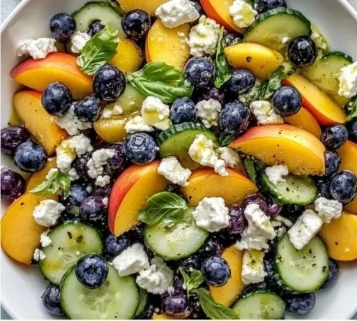 Blueberry Peach Feta Salad with fresh fruits and feta cheese