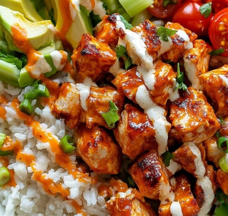Delicious Buffalo Chicken Bowl with spicy chicken and fresh toppings