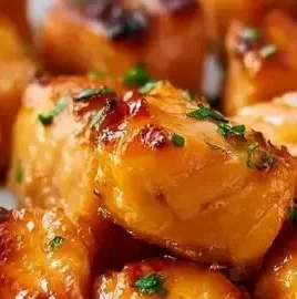 Crispy air fryer honey garlic salmon bites on a plate garnished with herbs.