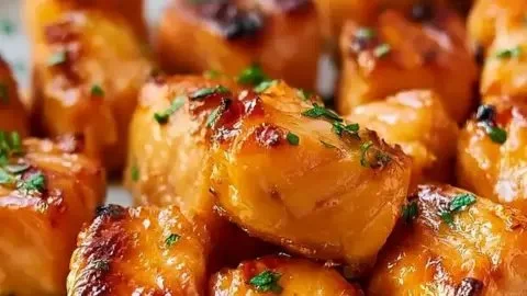 Crispy air fryer honey garlic salmon bites on a plate garnished with herbs.