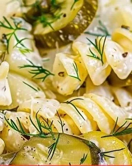 Dill Pickle Pasta Salad with fresh vegetables in a bowl