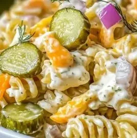 Creamy dill pickle pasta salad served in a bowl, garnished with pickles.