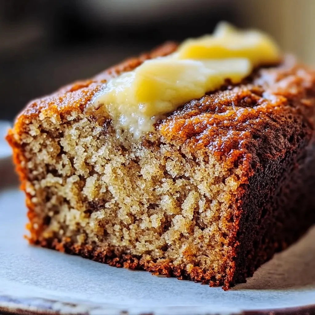 Slice of moist banana bread on a wooden board with bananas in the background.