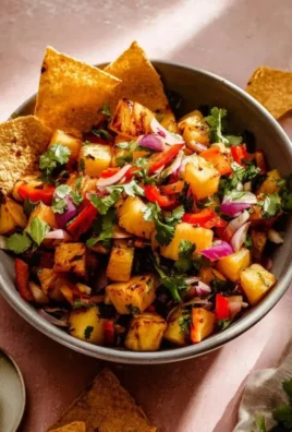 A bowl of easy grilled pineapple salsa on a wooden table with colorful ingredients.