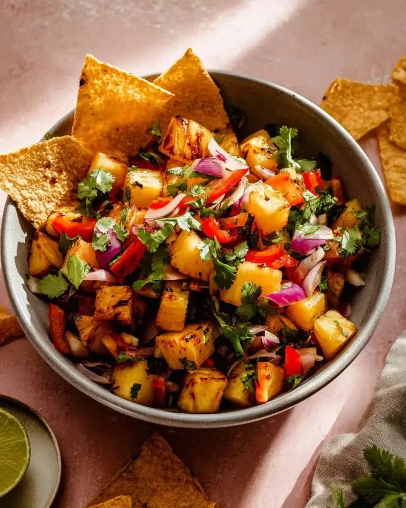 A bowl of easy grilled pineapple salsa on a wooden table with colorful ingredients.