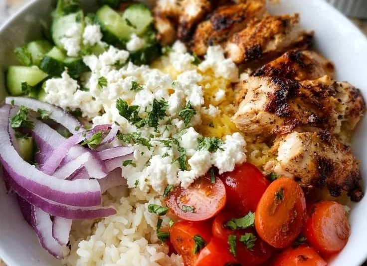 Healthy Greek Chicken Bowl with fresh vegetables and flavorful chicken