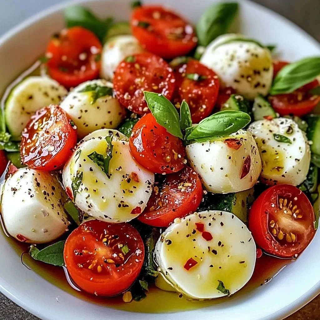 Fresh Cucumber Caprese Salad with basil and mozzarella