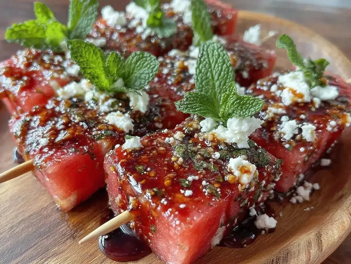 Fresh Watermelon Feta Mint Skewers Easy Recipe with Balsamic Reduction