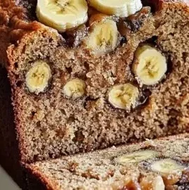 Loaf of Greek yogurt banana bread sliced on a wooden cutting board